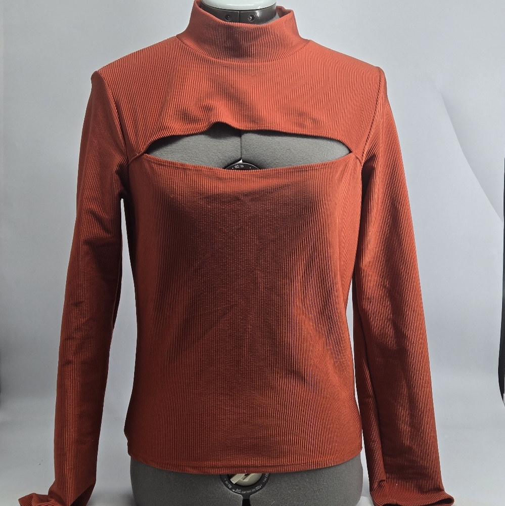 Orange Fall High Neck Long Sleeve Keyhole Cut-Out Top L